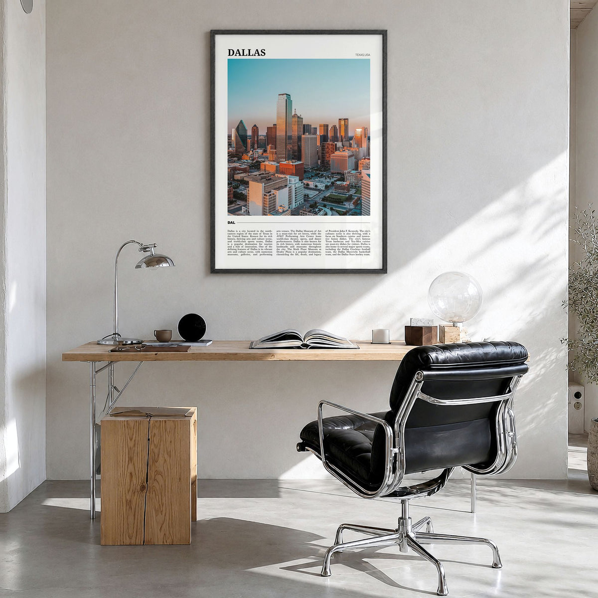 Dallas Travel No 1 Poster in a black wood frame, hanging in a bright home office