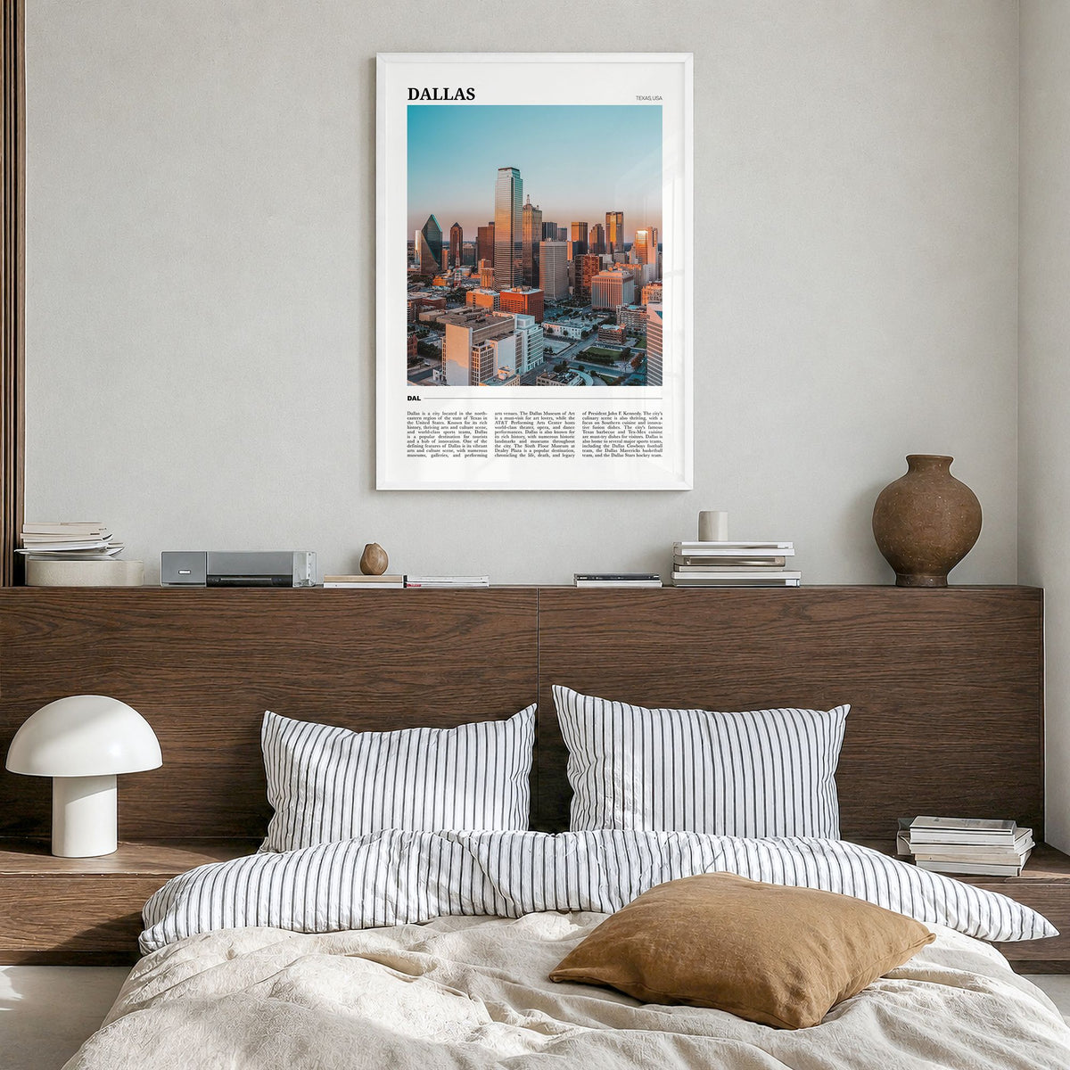 Dallas Travel No 1 Poster in a white wood frame, hanging in a bedroom