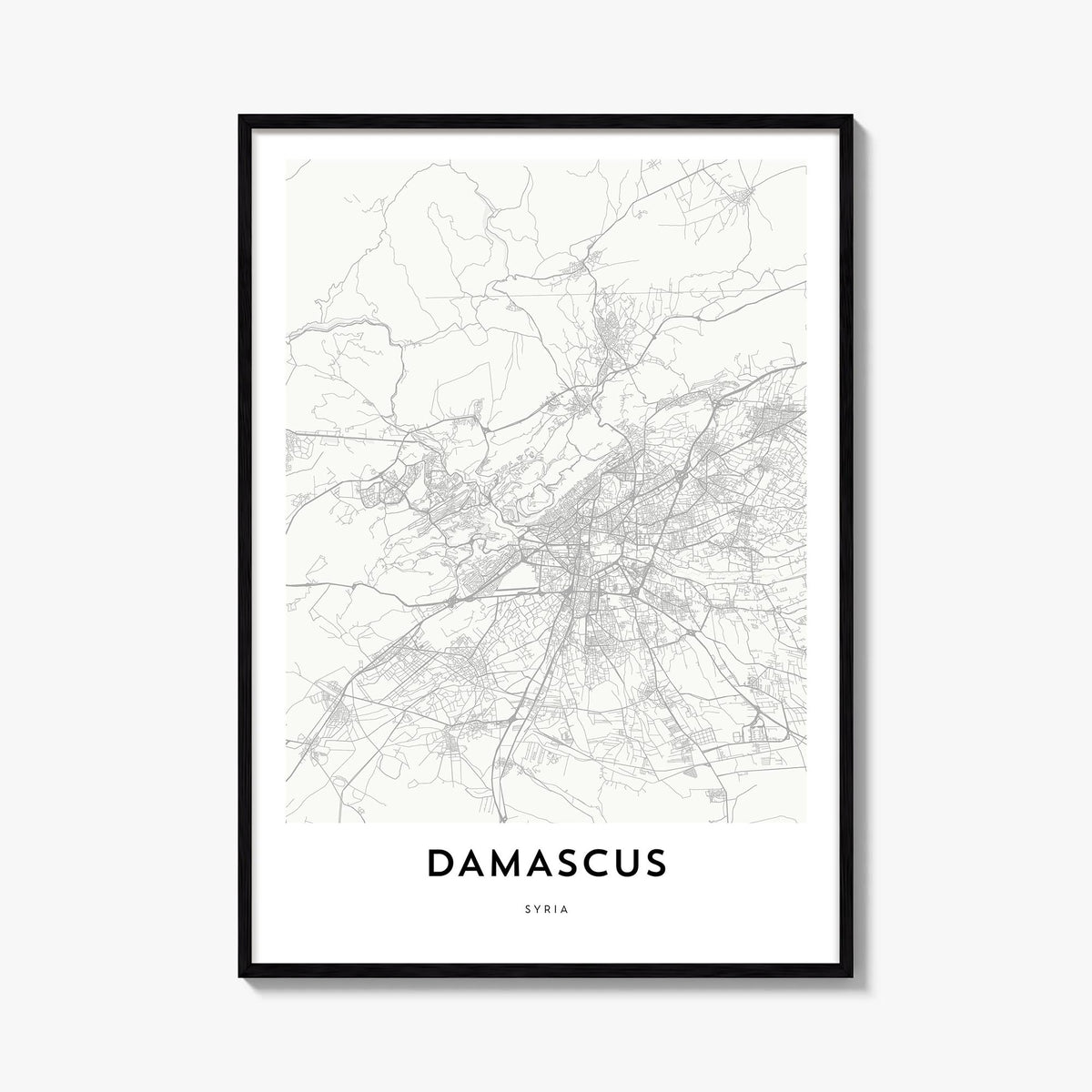 Damascus black & white map poster of Syria – vertical wall art, unframed print shown in interior mockup