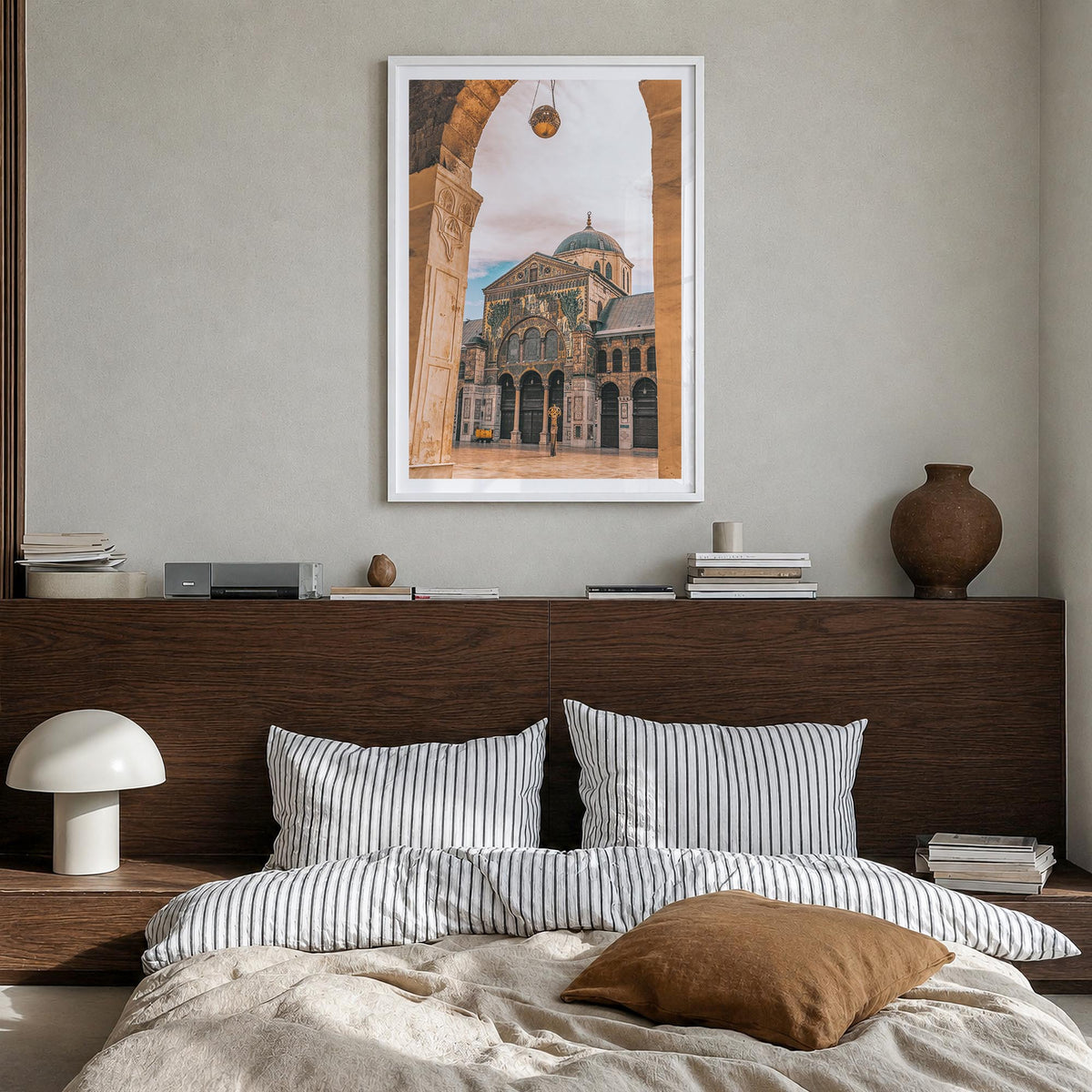 Damascus colorful photo poster of Syria – vertical wall art in white wood frame with white border, hanging on wall