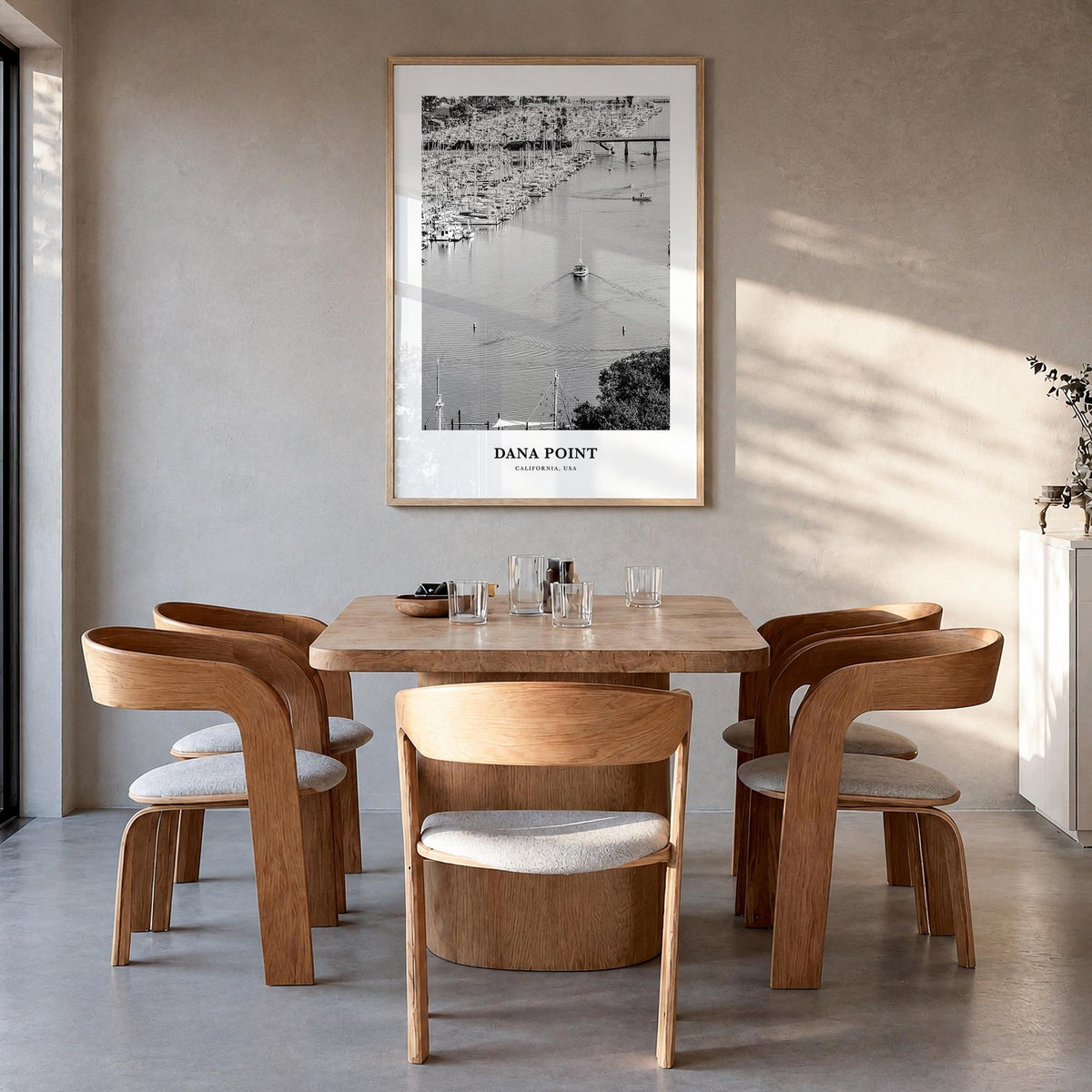 Dana Point black & white classic poster of California, USA – vertical wall art in natural wood frame, hanging on wall