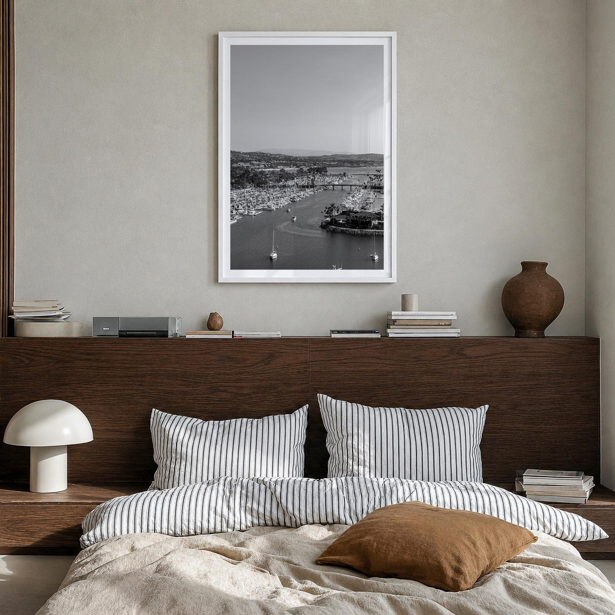 Dana Point black & white photo poster of California, USA – vertical wall art in white wood frame with white border, hanging o