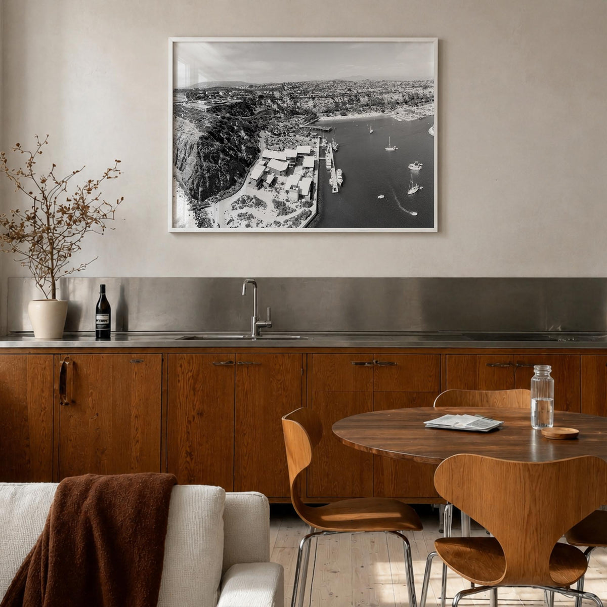 Dana Point black & white photo poster of California, USA – horizontal wall art in white wood frame, hanging on wall