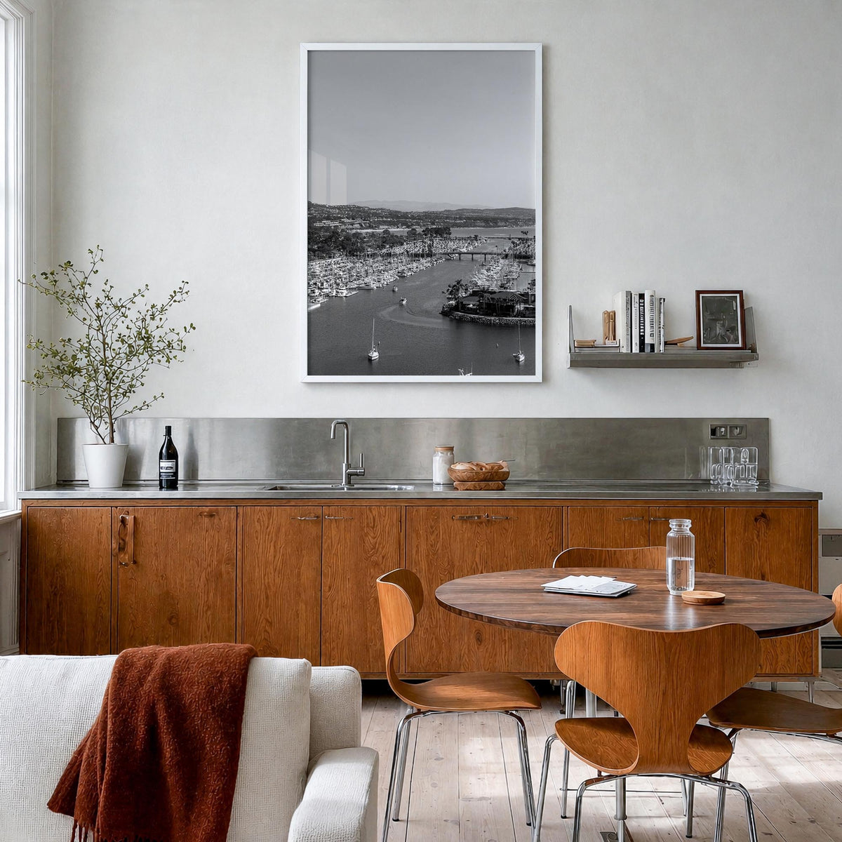 Dana Point black & white photo poster of California, USA – vertical wall art in white wood frame, hanging on wall