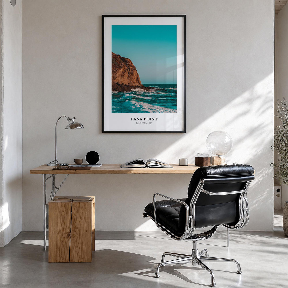 Dana Point colorful classic poster of California, USA – vertical wall art in black wood frame, hanging on wall