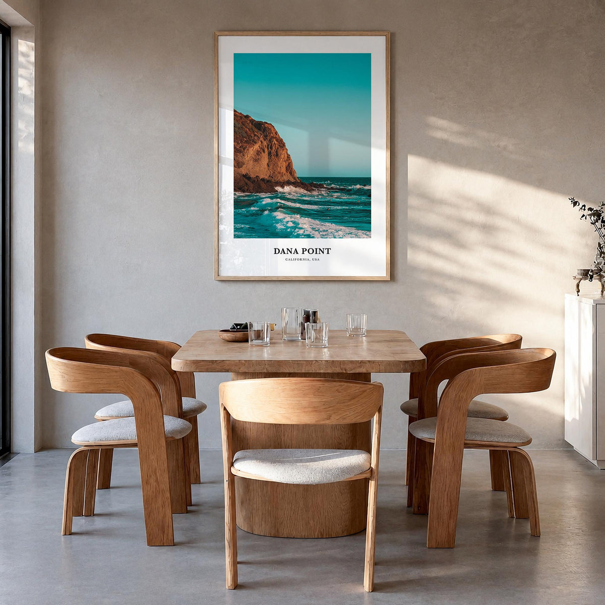 Dana Point colorful classic poster of California, USA – vertical wall art in natural wood frame, hanging on wall