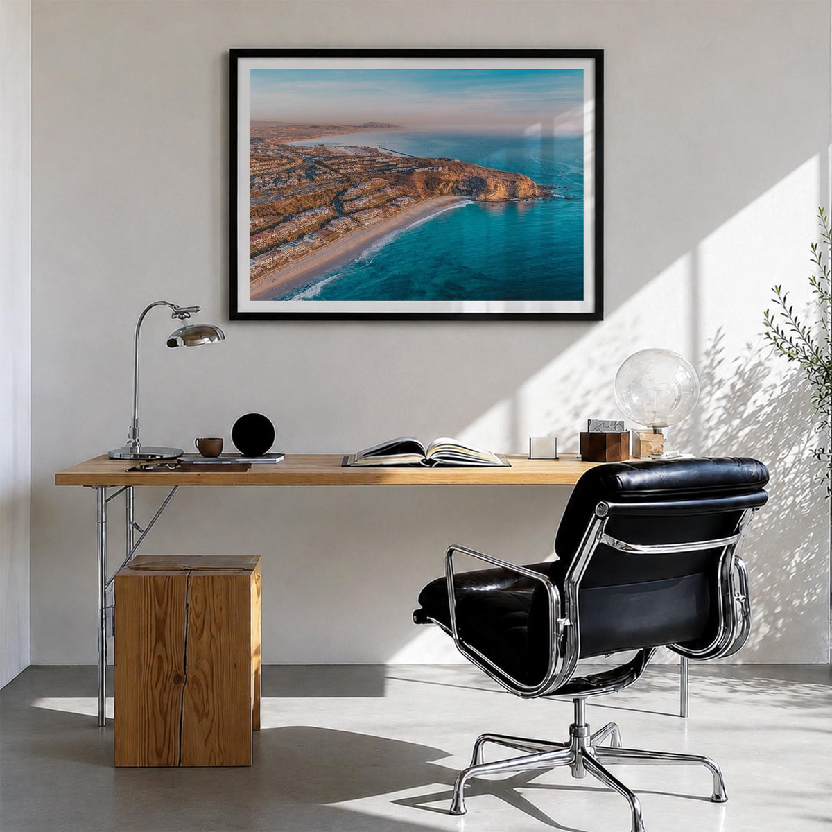Dana Point colorful photo poster of California, USA – horizontal wall art in black wood frame with white border, hanging on w