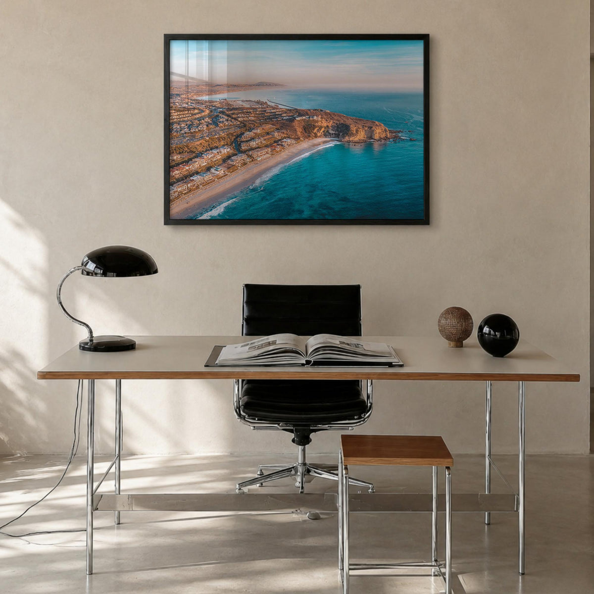 Dana Point colorful photo poster of California, USA – horizontal wall art in black wood frame, hanging on wall
