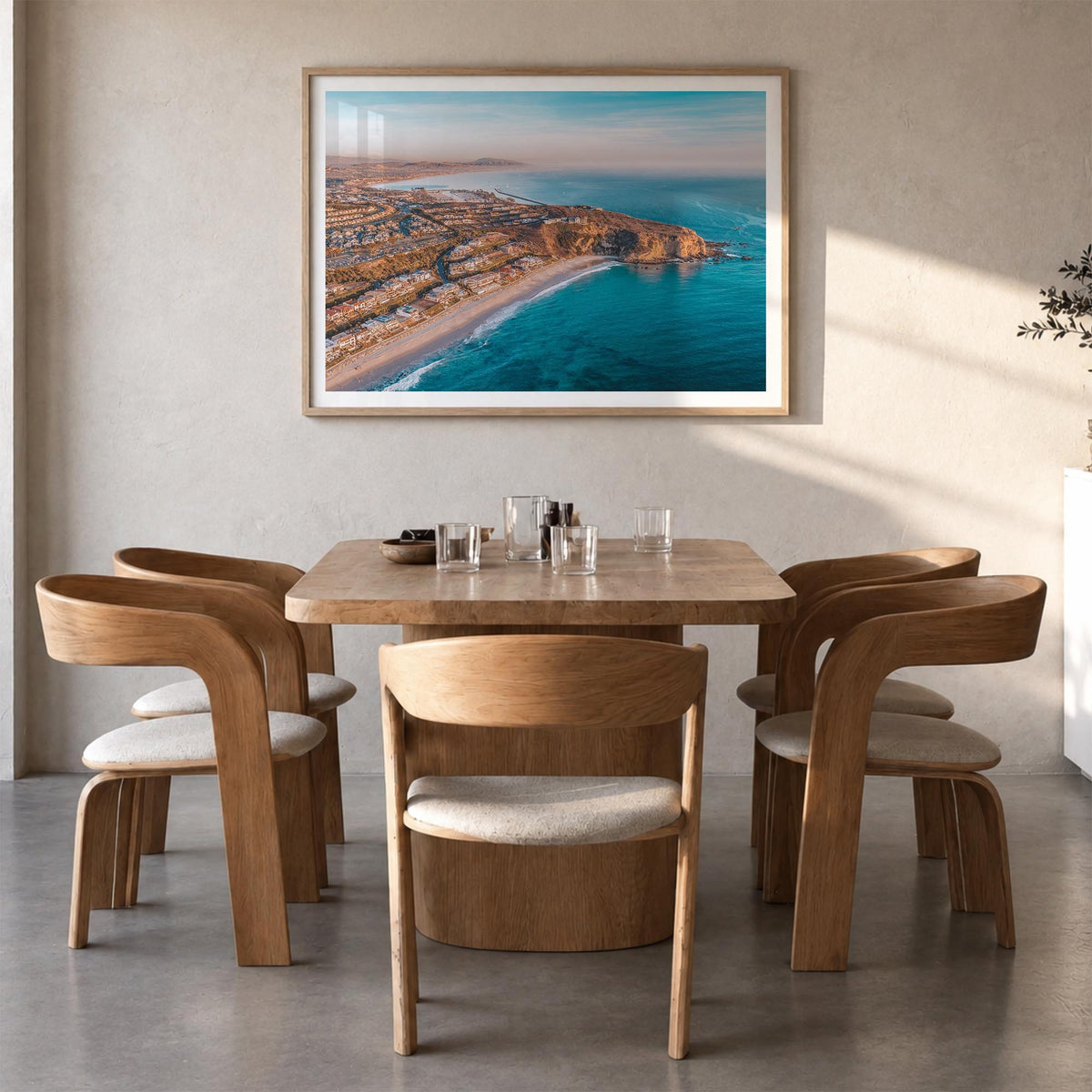 Dana Point colorful photo poster of California, USA – horizontal wall art in natural wood frame with white border, hanging on