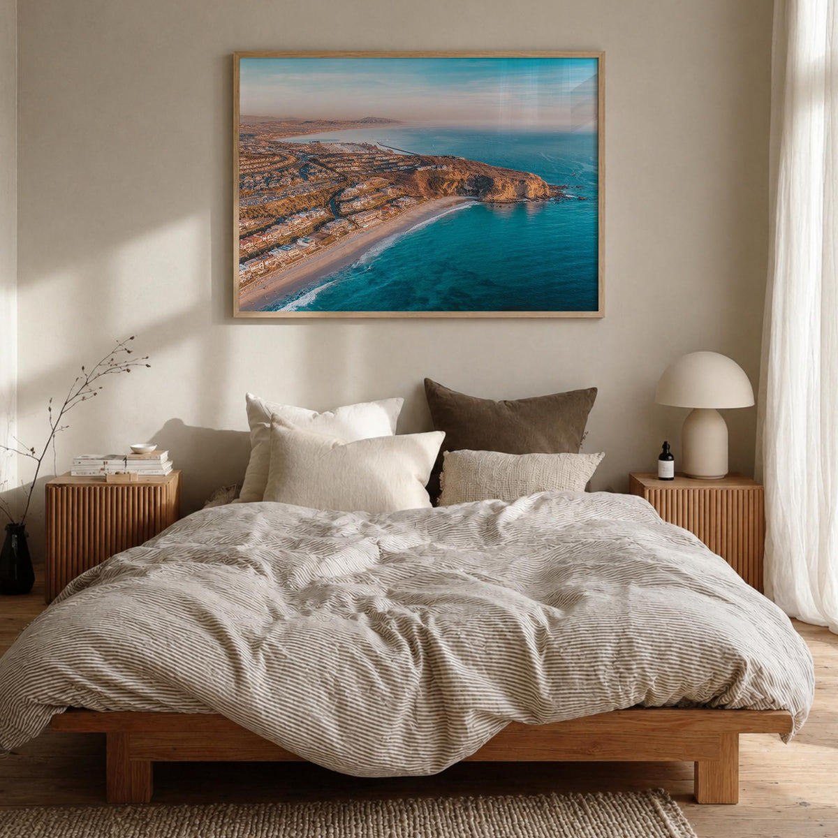 Dana Point colorful photo poster of California, USA – horizontal wall art in natural wood frame, hanging on wall