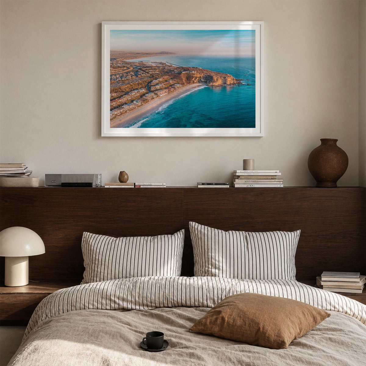 Dana Point colorful photo poster of California, USA – horizontal wall art in white wood frame with white border, hanging on w
