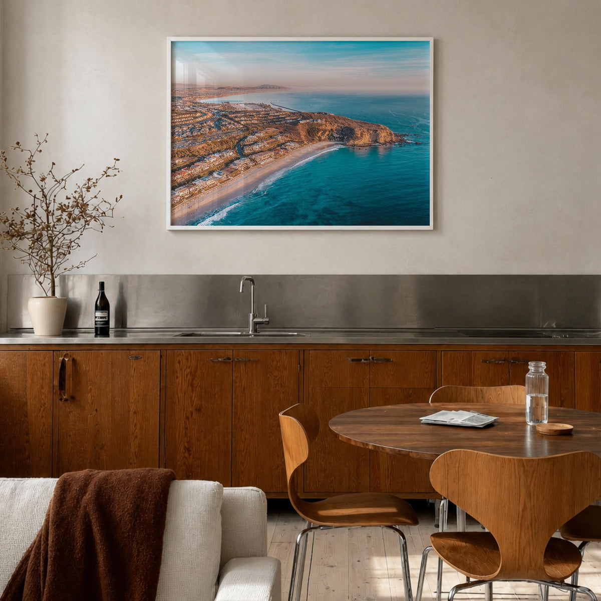 Dana Point colorful photo poster of California, USA – horizontal wall art in white wood frame, hanging on wall