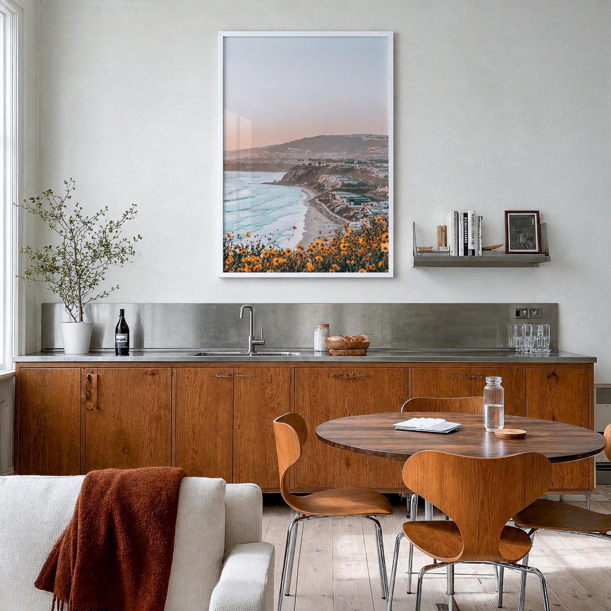 Dana Point no. 3 colorful photo poster of California, USA – vertical wall art in white wood frame, hanging on wall