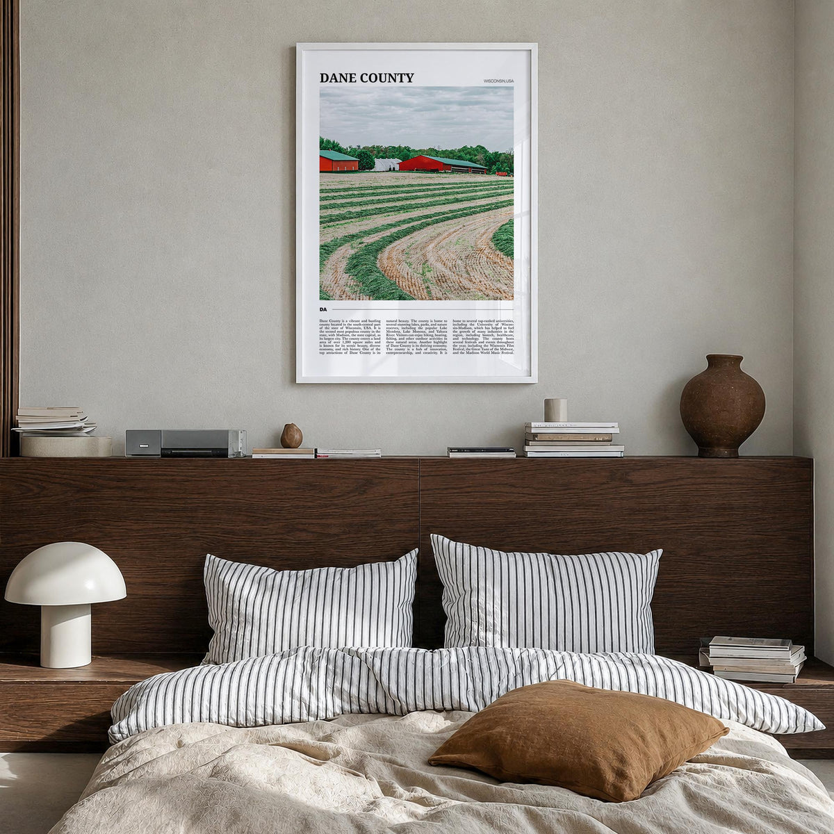 Dane County colorful travel poster of Wisconsin, USA – vertical wall art in white wood frame, hanging on wall