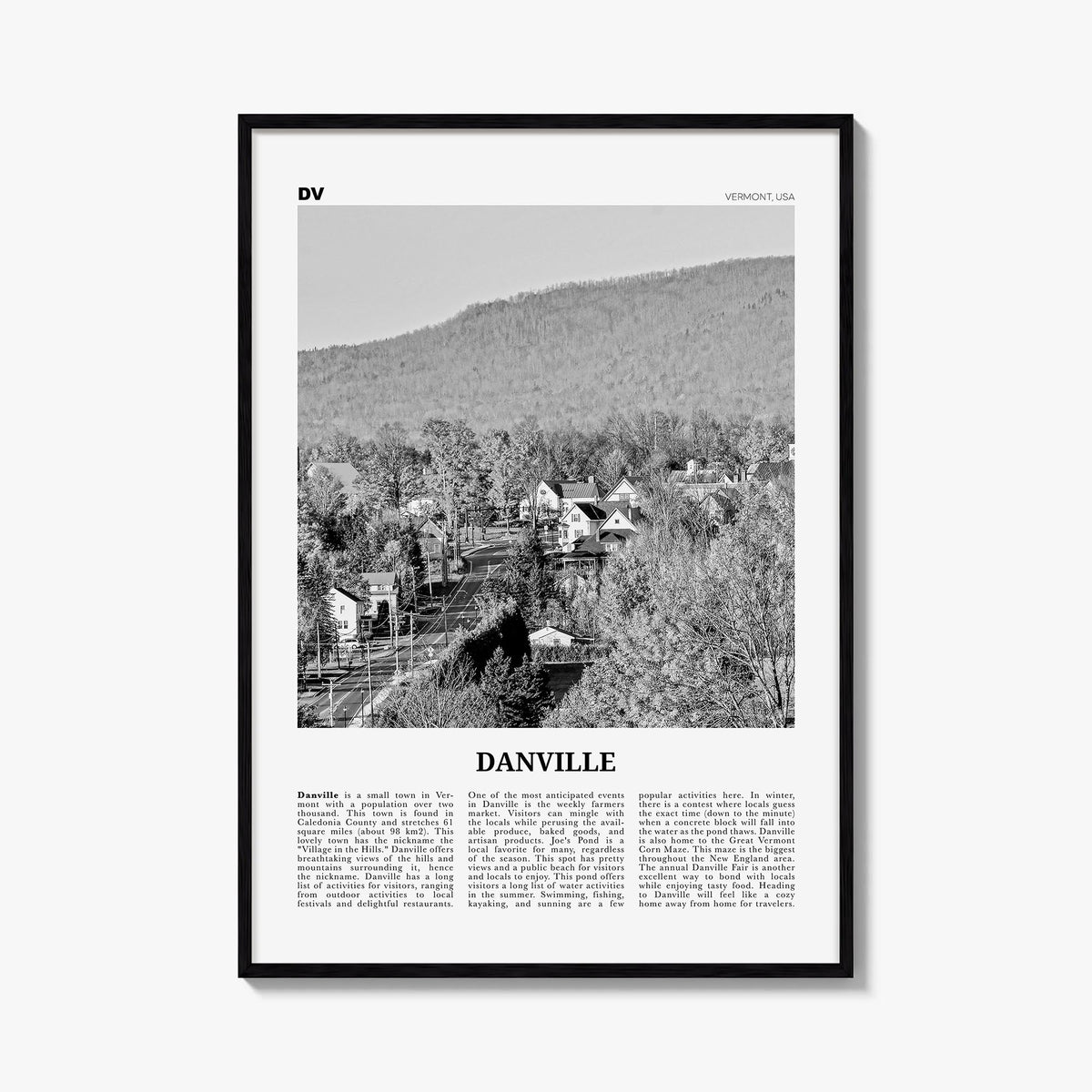 Danville, Vermont black & white newspaper poster of Vermont, USA – vertical wall art, unframed print shown in interior mockup