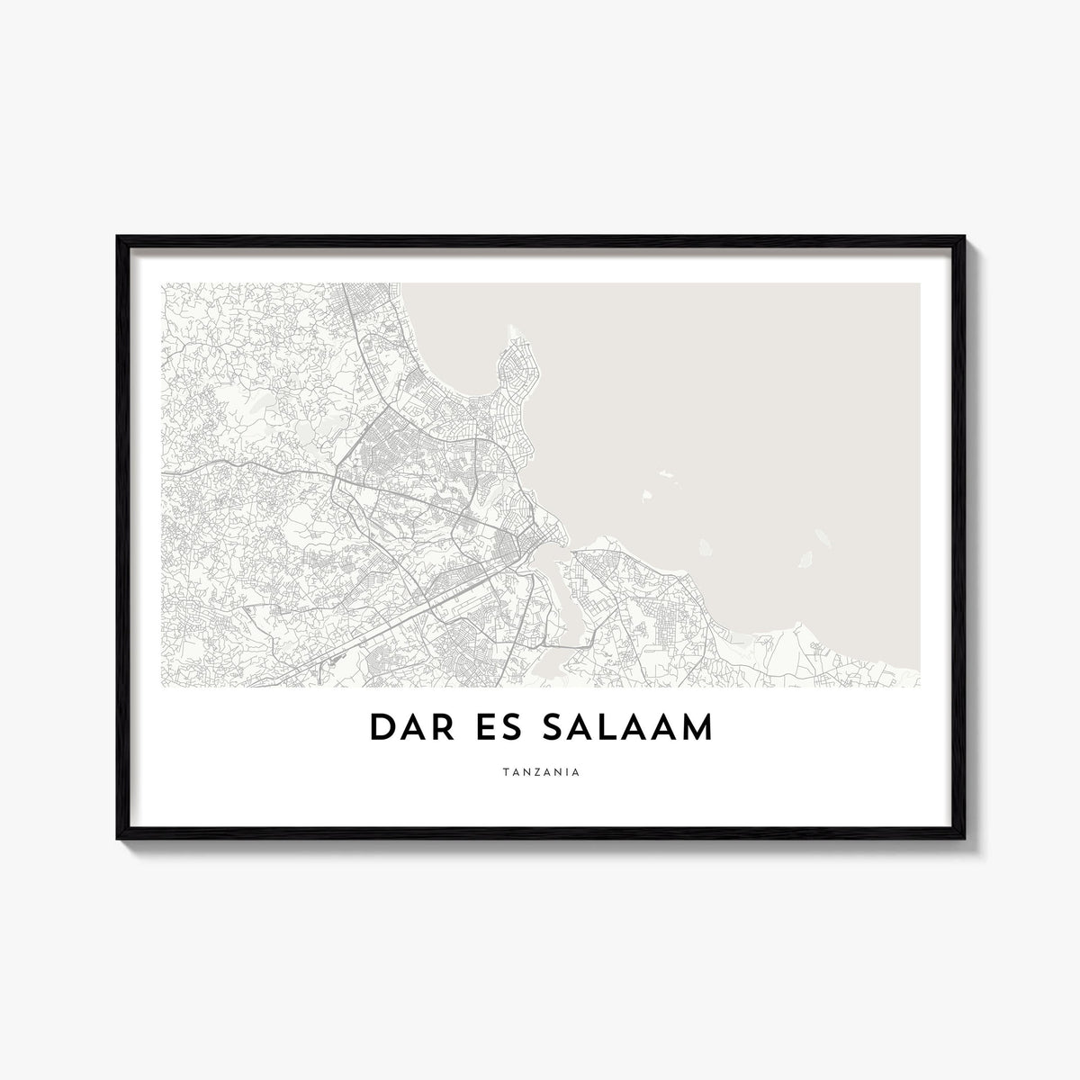 Dar es Salaam black & white map poster of Tanzania – horizontal wall art, unframed print shown in interior mockup