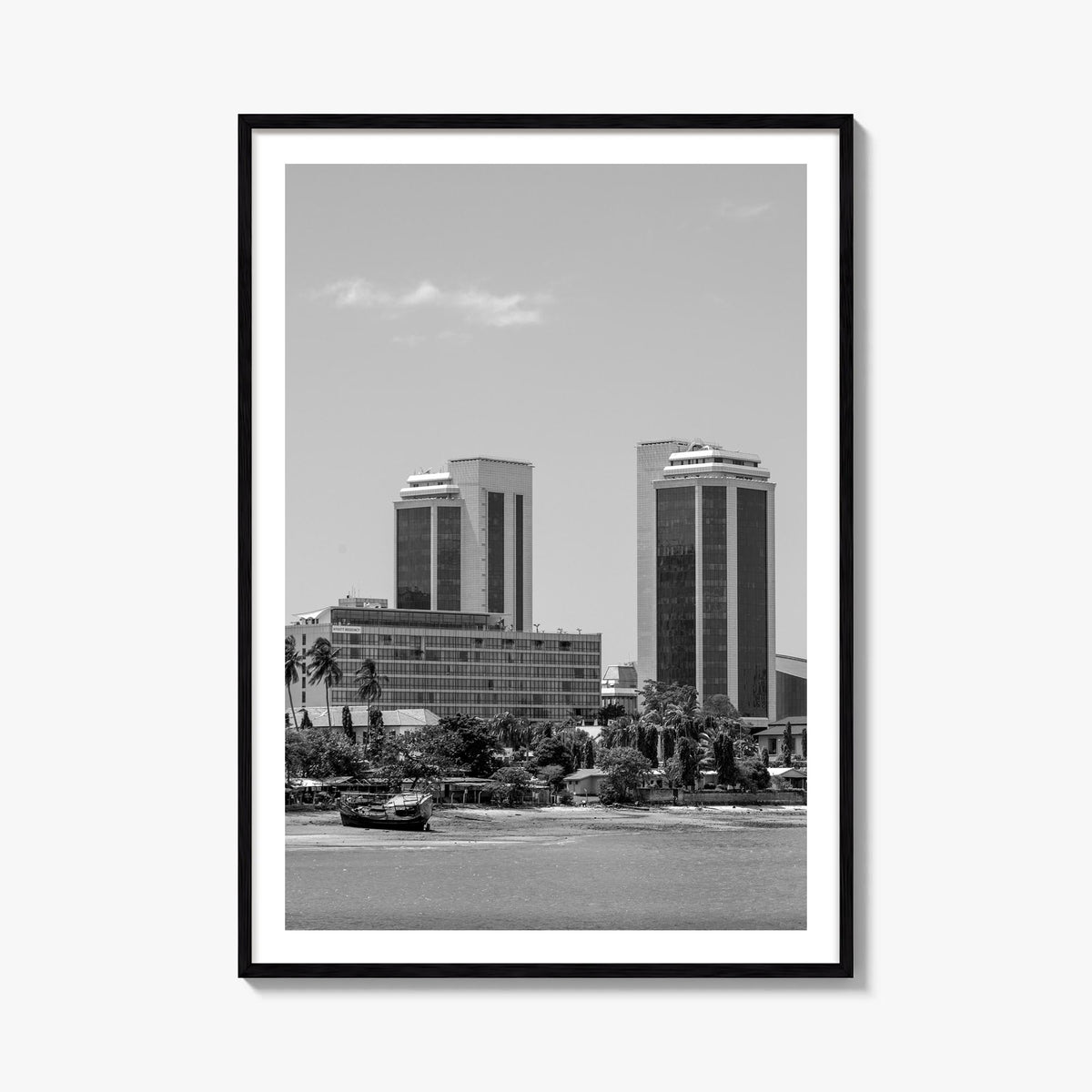 Dar es Salaam black & white photo poster of Tanzania – vertical wall art, unframed print shown in interior mockup