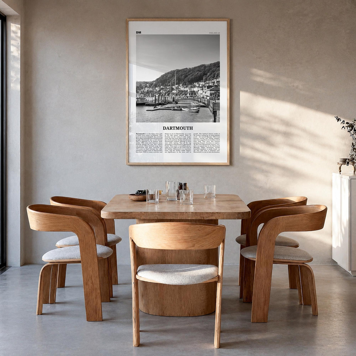 Dartmouth, England black & white newspaper poster of United Kingdom – vertical wall art in natural wood frame, hanging on wal