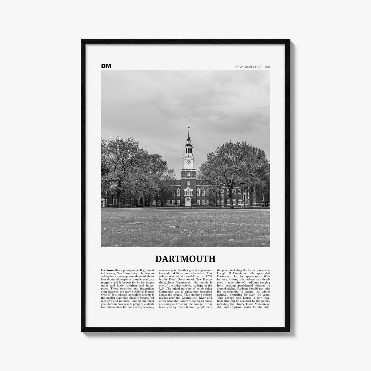 Dartmouth, New Hampshire black & white newspaper poster of New Hampshire, USA – vertical wall art, unframed print shown in in