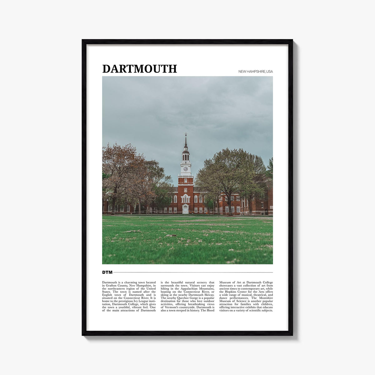 Dartmouth, New Hampshire colorful travel poster of New Hampshire, USA – vertical wall art, unframed print shown in interior m
