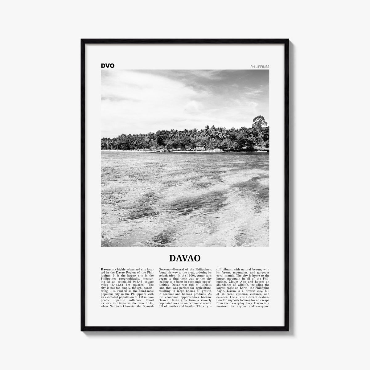 Davao black & white newspaper poster of Philippines – vertical wall art, unframed print shown in interior mockup