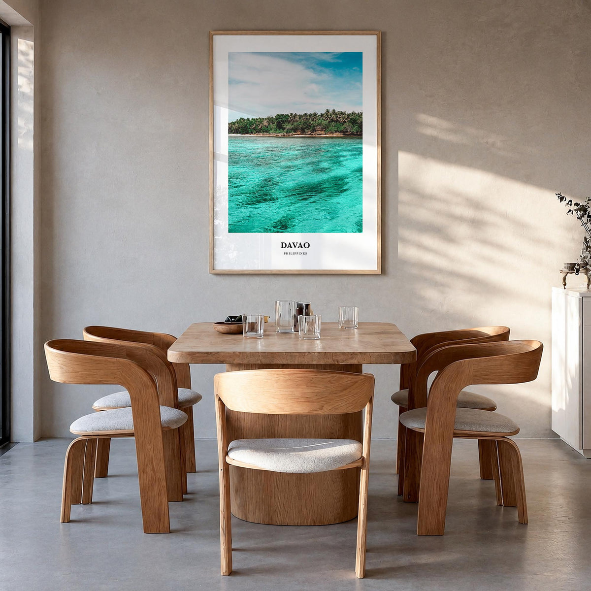 Davao colorful classic poster of Philippines – vertical wall art in natural wood frame, hanging on wall