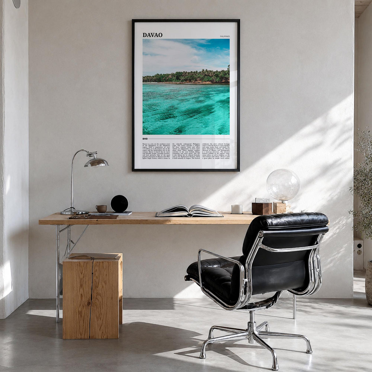 Davao colorful travel poster of Philippines – vertical wall art in black wood frame, hanging on wall