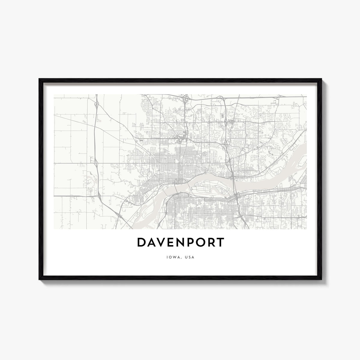 Davenport black & white map poster of Iowa, USA – horizontal wall art, unframed print shown in interior mockup
