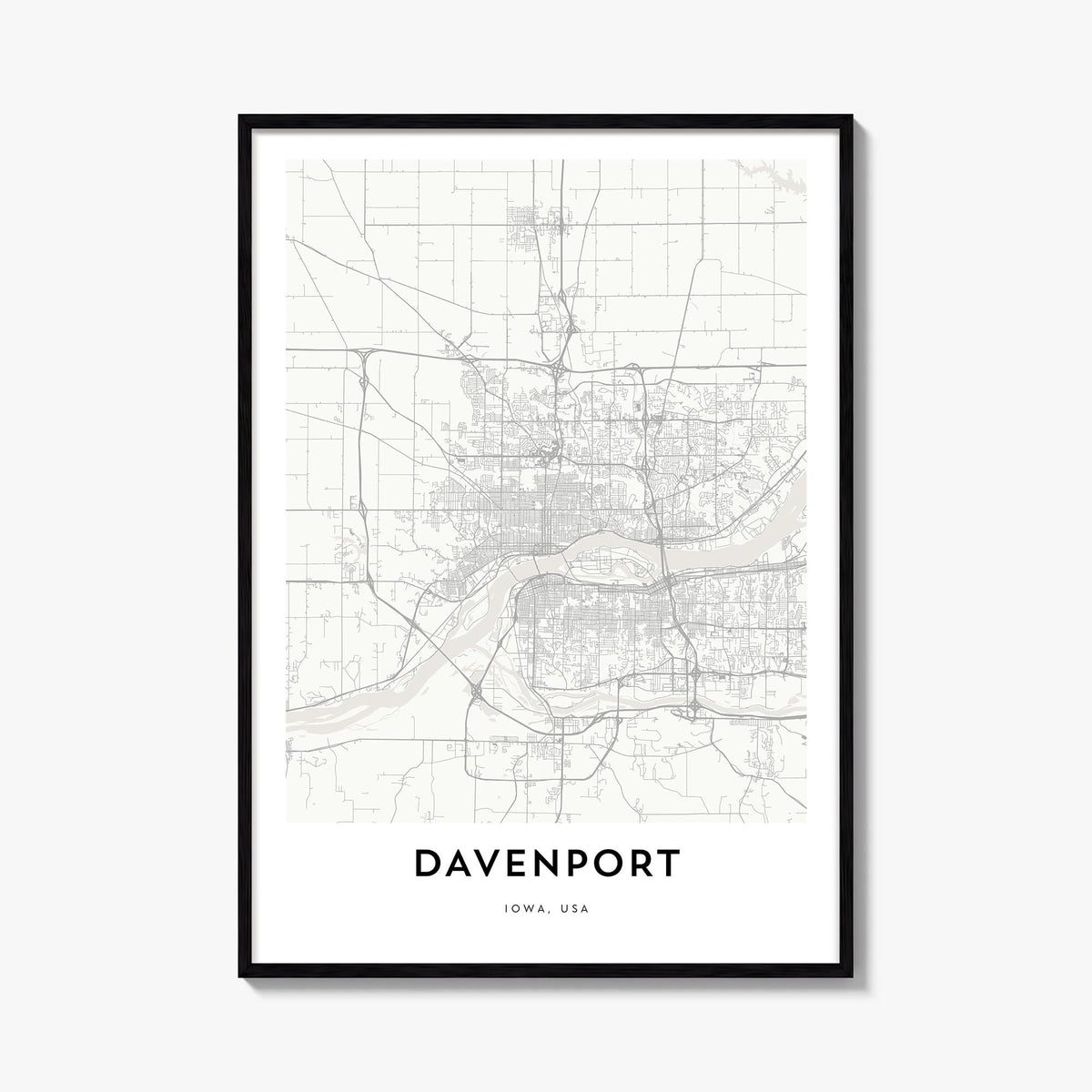 Davenport black & white map poster of Iowa, USA – vertical wall art, unframed print shown in interior mockup