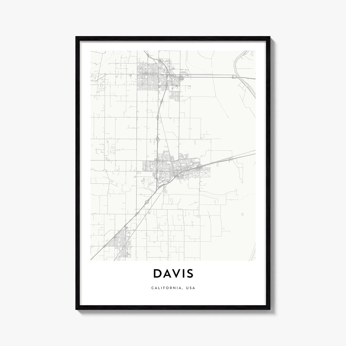 Davis black & white map poster of California, USA – vertical wall art, unframed print shown in interior mockup