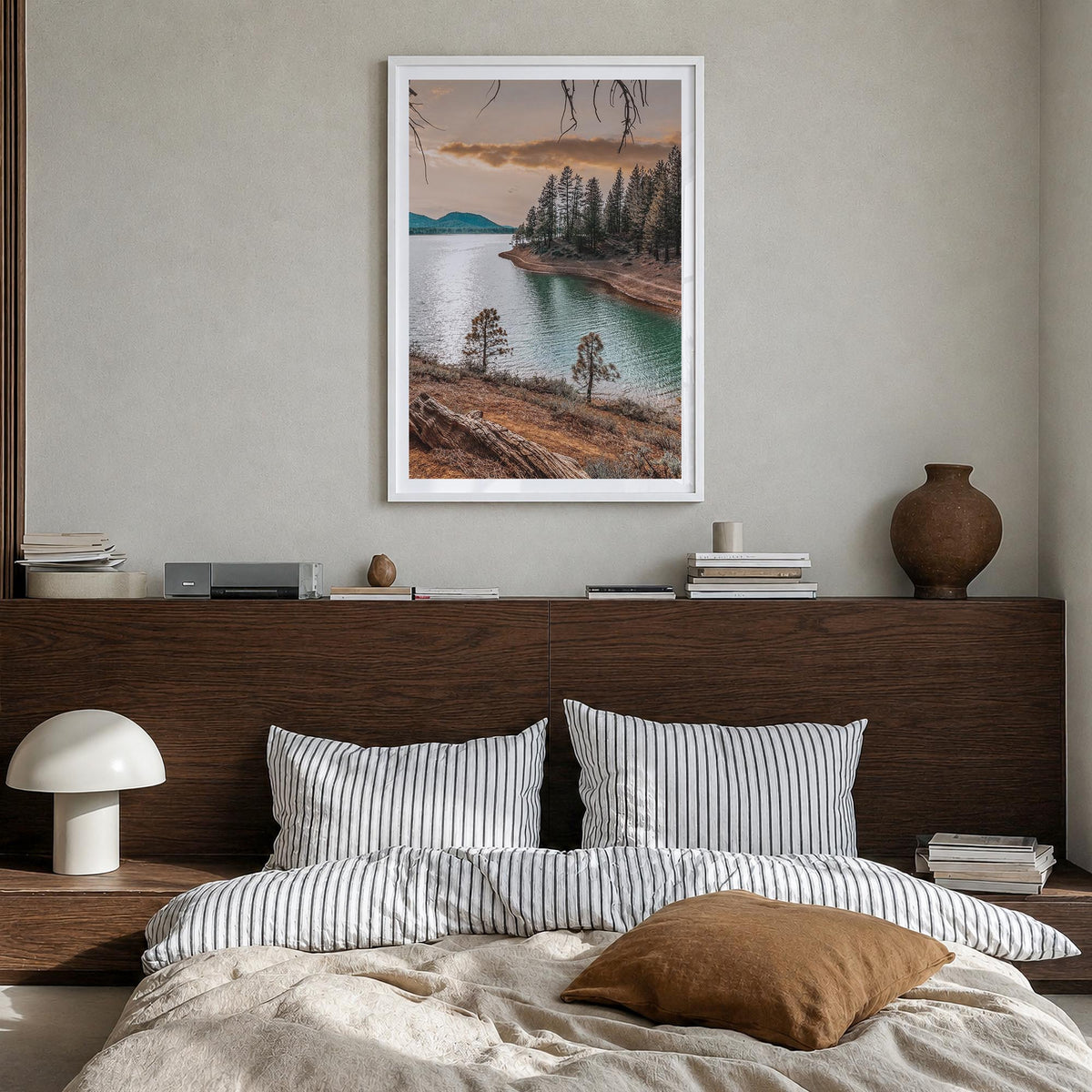 Davis colorful photo poster of California, USA – vertical wall art in white wood frame with white border, hanging on wall