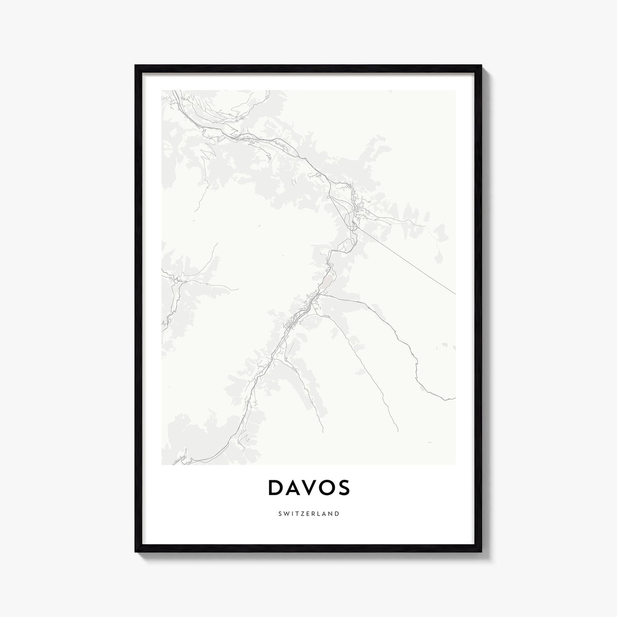 Davos black & white map poster of Switzerland – vertical wall art, unframed print shown in interior mockup