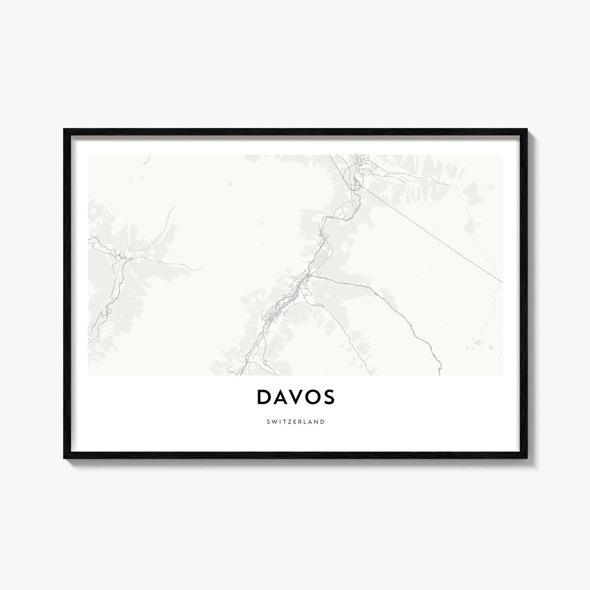 Davos black & white map poster of Switzerland – horizontal wall art, unframed print shown in interior mockup