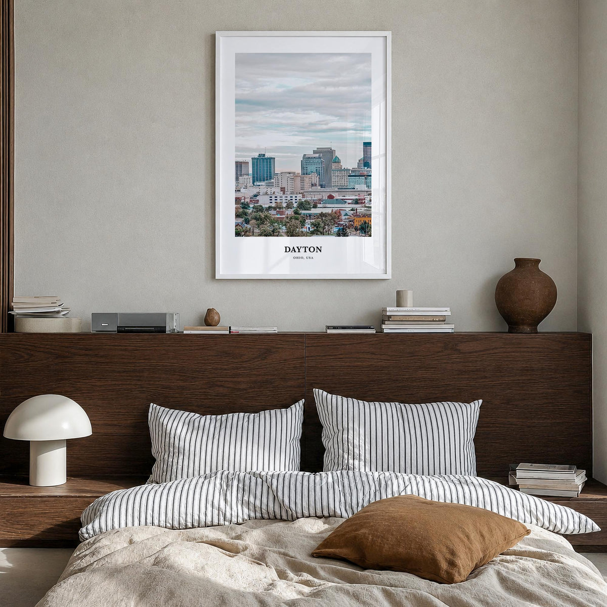 Dayton colorful classic poster of Ohio, USA – vertical wall art in white wood frame, hanging on wall