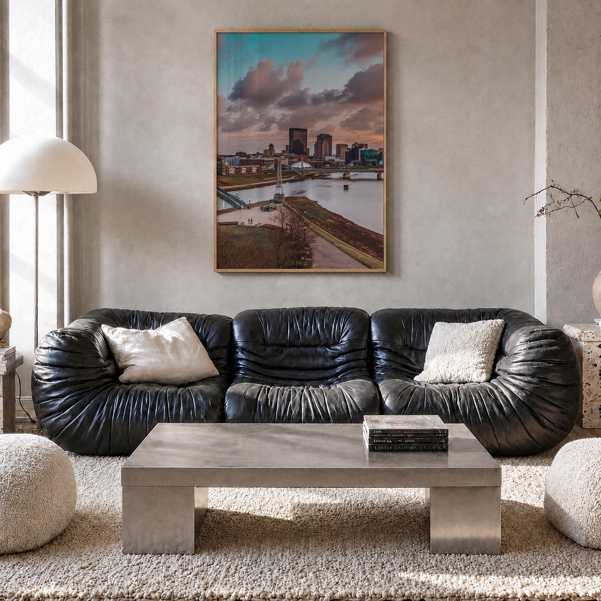 Dayton colorful photo poster of Ohio, USA – vertical wall art in natural wood frame, hanging on wall