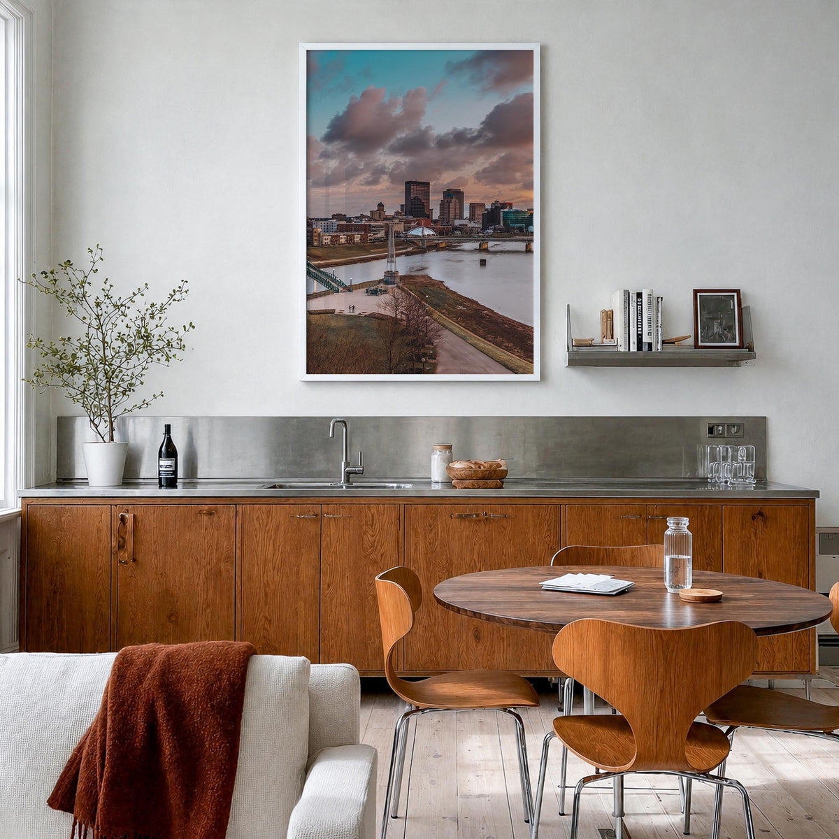 Dayton colorful photo poster of Ohio, USA – vertical wall art in white wood frame, hanging on wall
