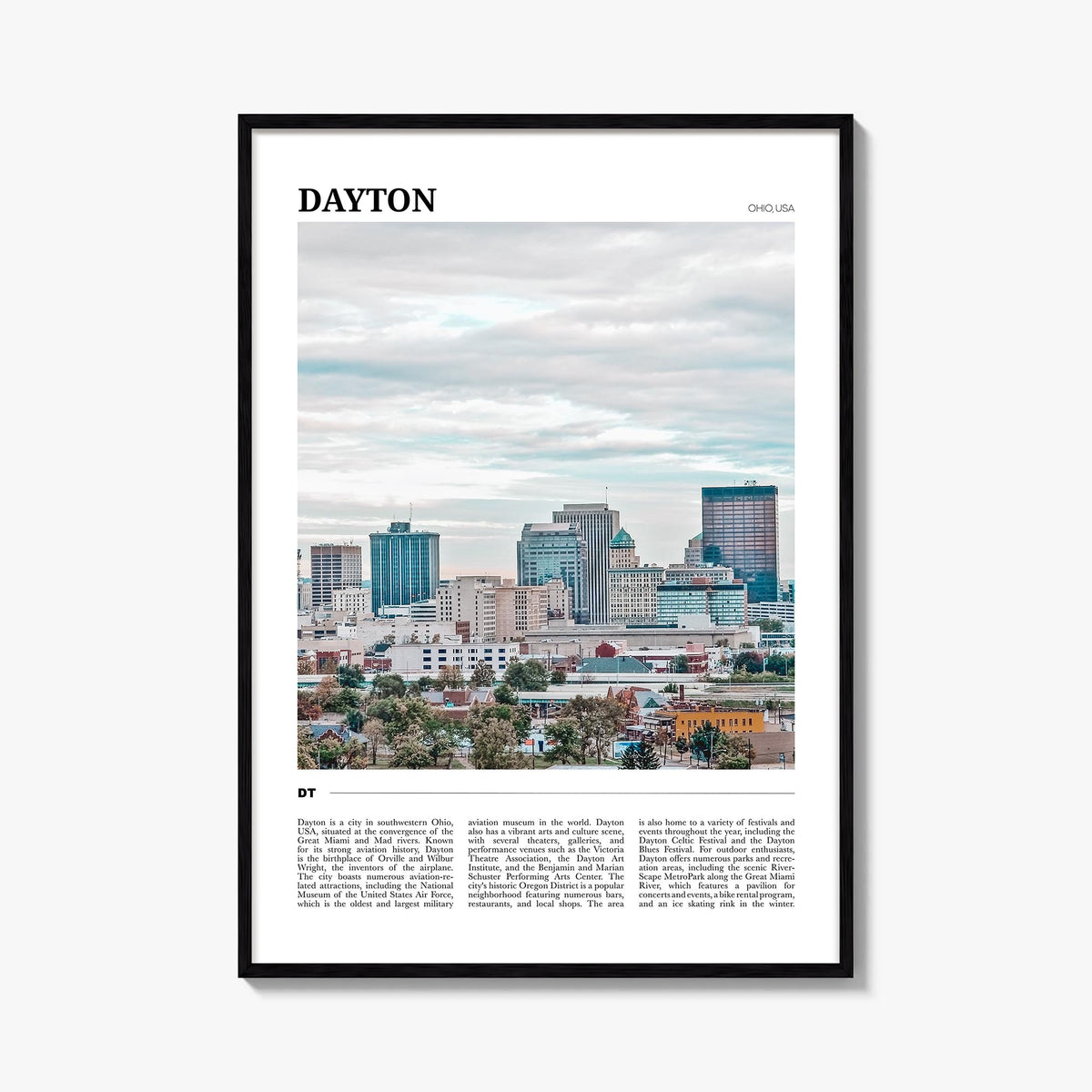 Dayton colorful travel poster of Ohio, USA – vertical wall art, unframed print shown in interior mockup