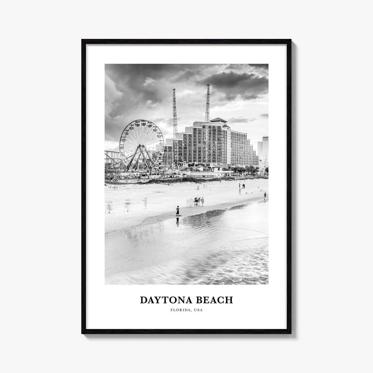 Daytona Beach black & white classic poster of Florida, USA – vertical wall art, unframed print shown in interior mockup