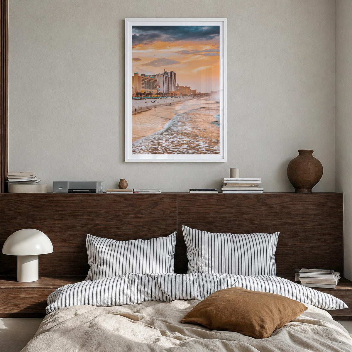 Daytona Beach colorful photo poster of Florida, USA – vertical wall art in white wood frame with white border, hanging on wal
