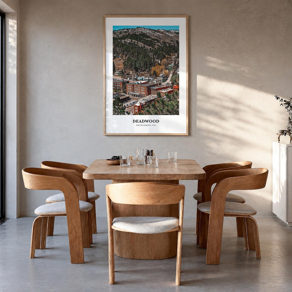 Deadwood colorful classic poster of South Dakota, USA – vertical wall art in natural wood frame, hanging on wall