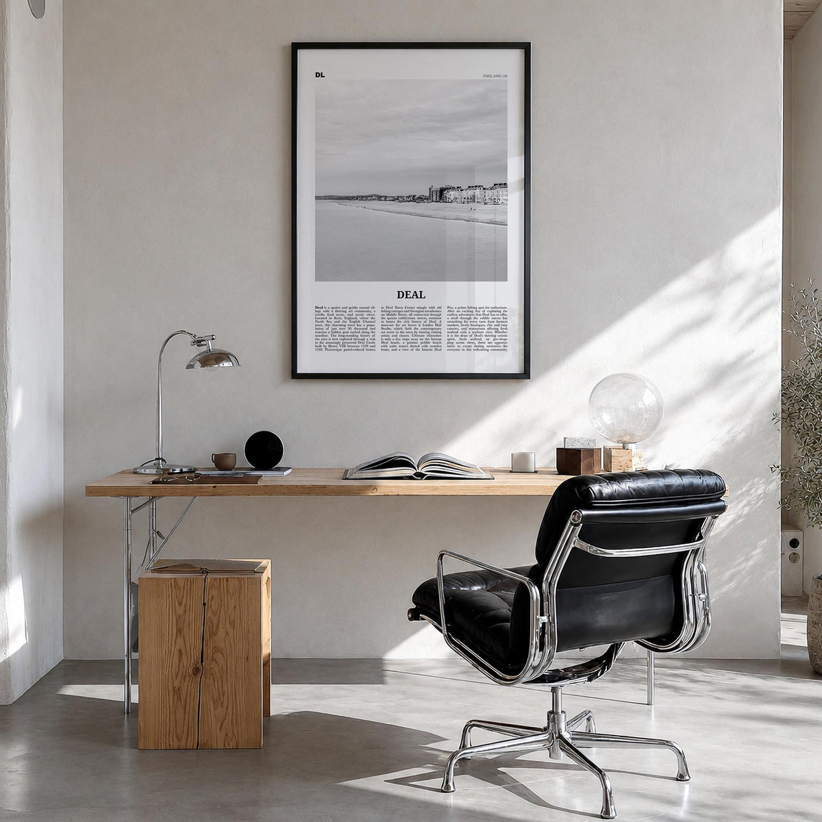 Deal black & white newspaper poster of England, UK – vertical wall art in black wood frame, hanging on wall