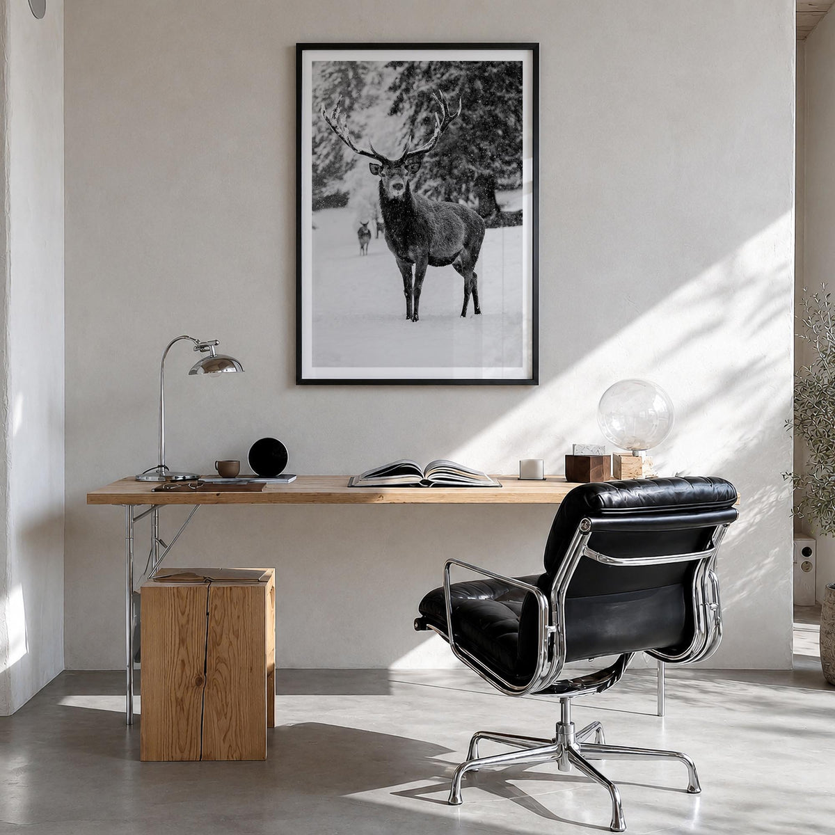 Deer black & white photo poster – vertical wall art in black wood frame with white border, hanging on wall