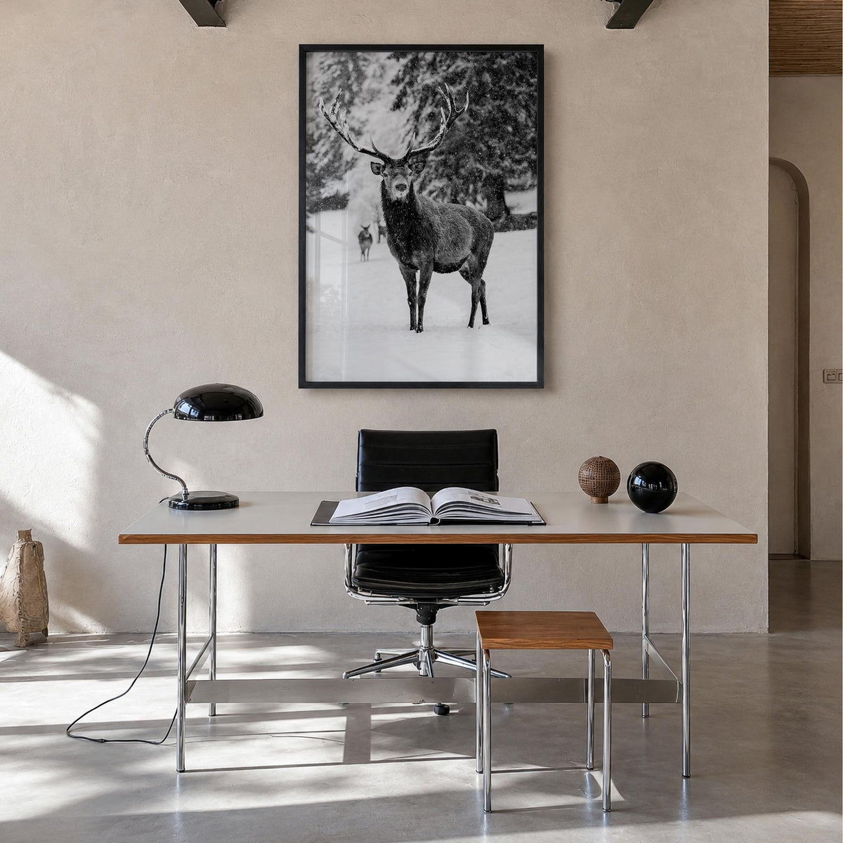 Deer black & white photo poster – vertical wall art in black wood frame, hanging on wall