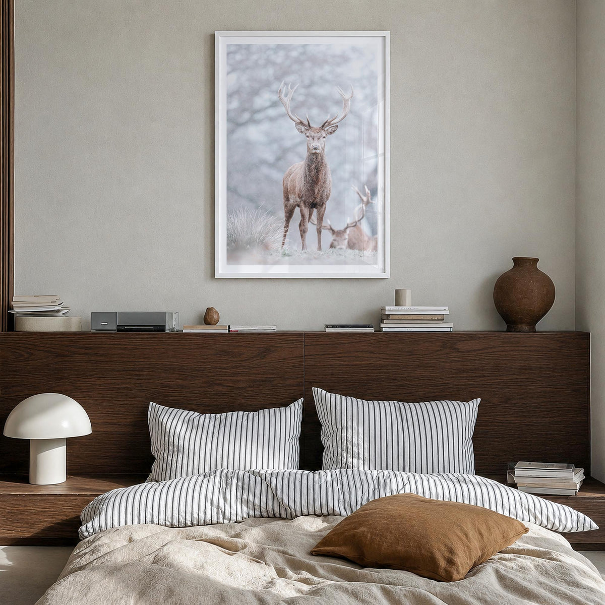 Deer no. 3 colorful photo poster – vertical wall art in white wood frame with white border, hanging on wall
