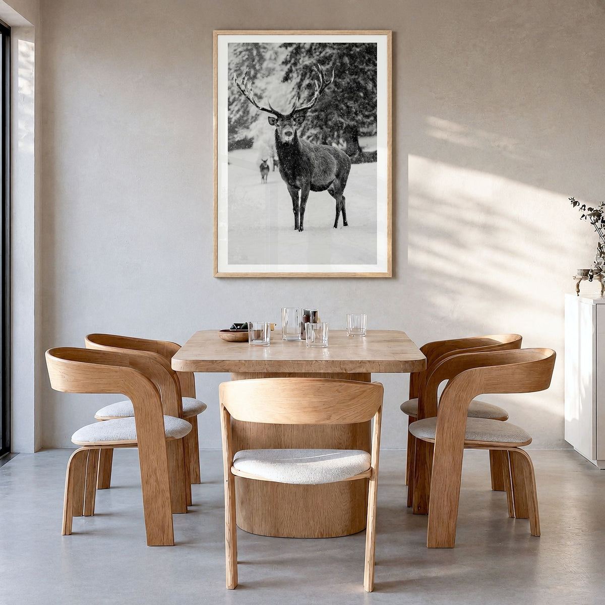 Deer Photo Poster in a natural wood frame, hanging in a dining room, white border