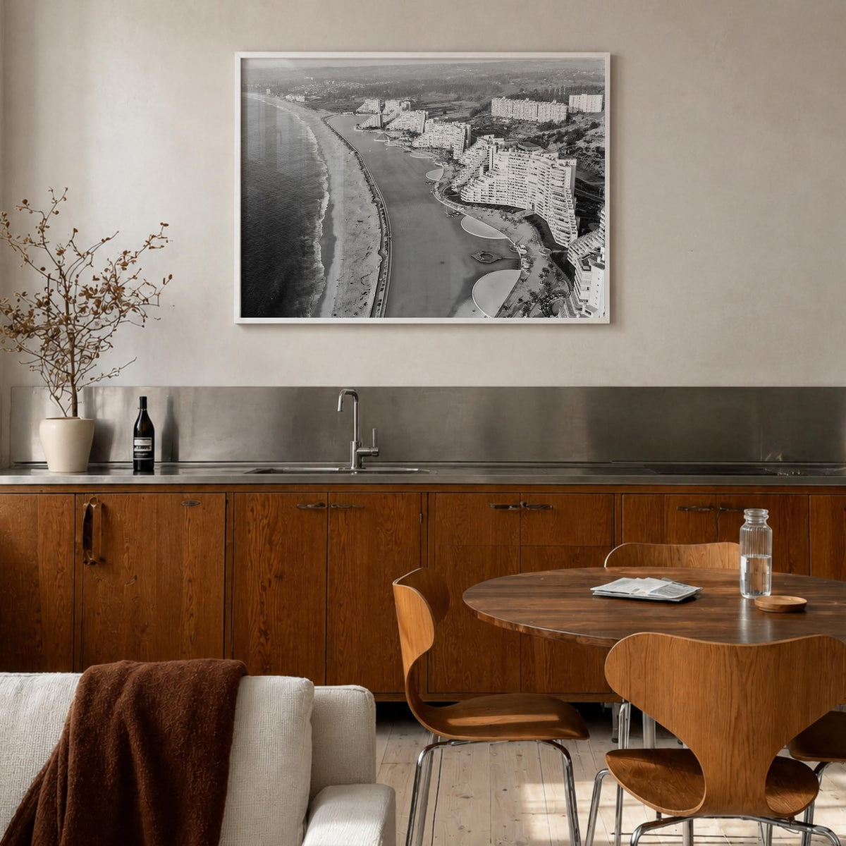Del Mar black & white photo poster of California, USA – horizontal wall art in white wood frame, hanging on wall