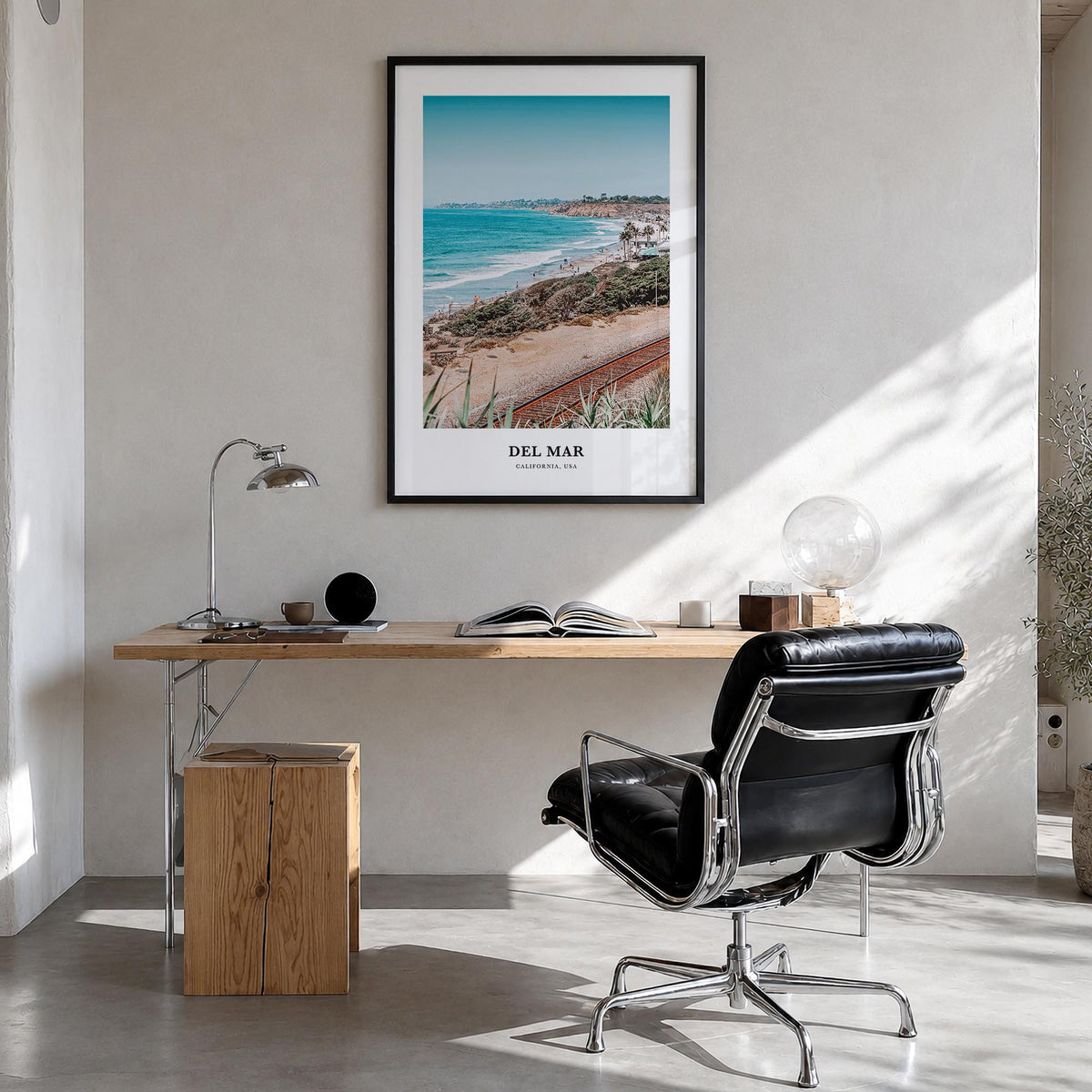 Del Mar colorful classic poster of California, USA – vertical wall art in black wood frame, hanging on wall