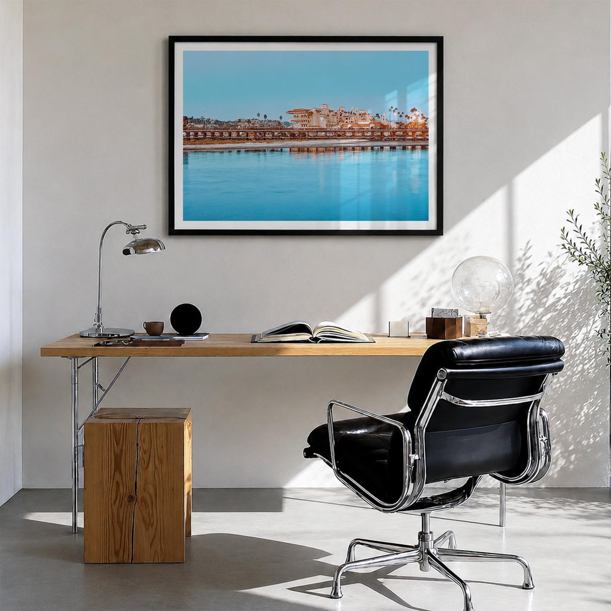 Del Mar colorful photo poster of California, USA – horizontal wall art in black wood frame with white border, hanging on wall