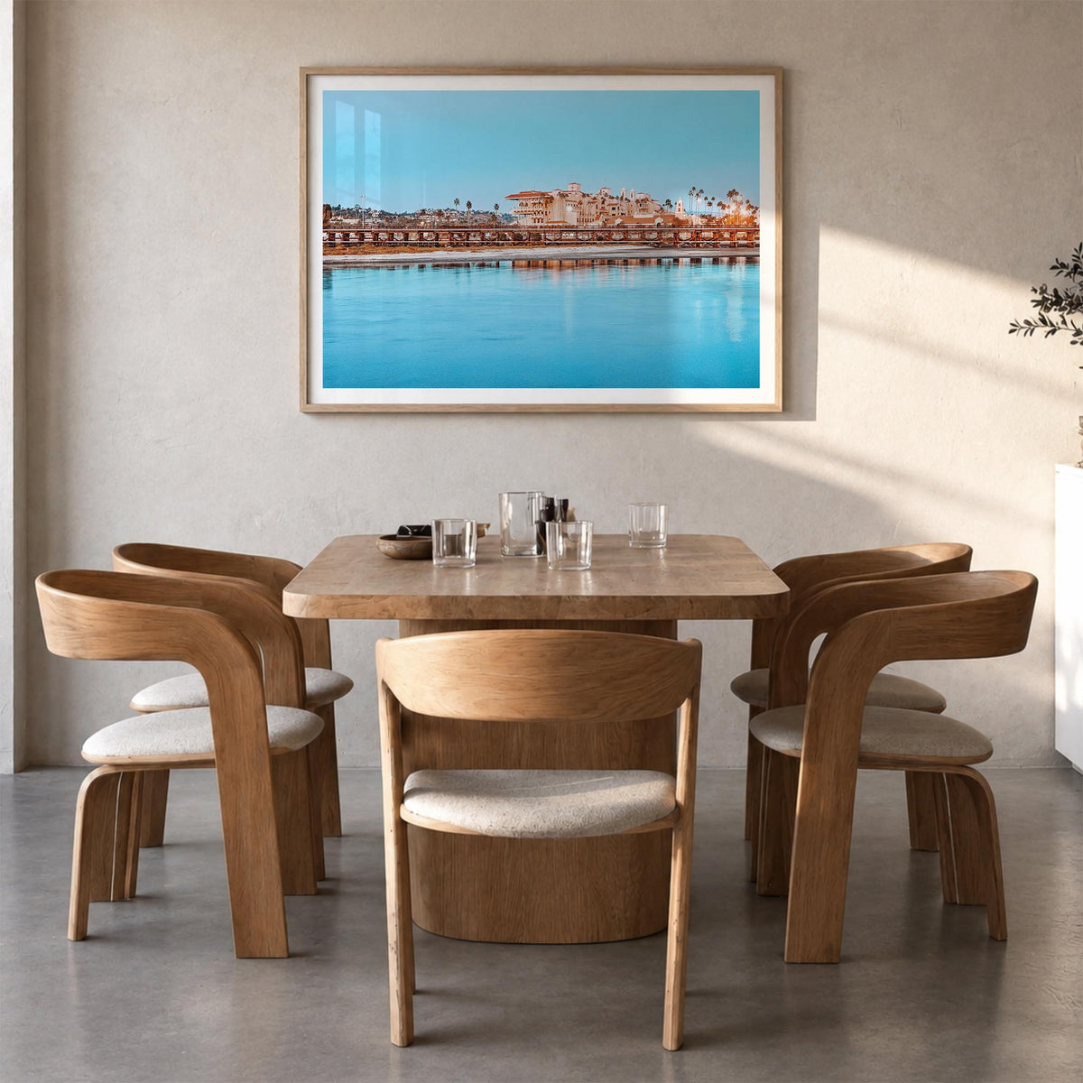 Del Mar colorful photo poster of California, USA – horizontal wall art in natural wood frame with white border, hanging on wa