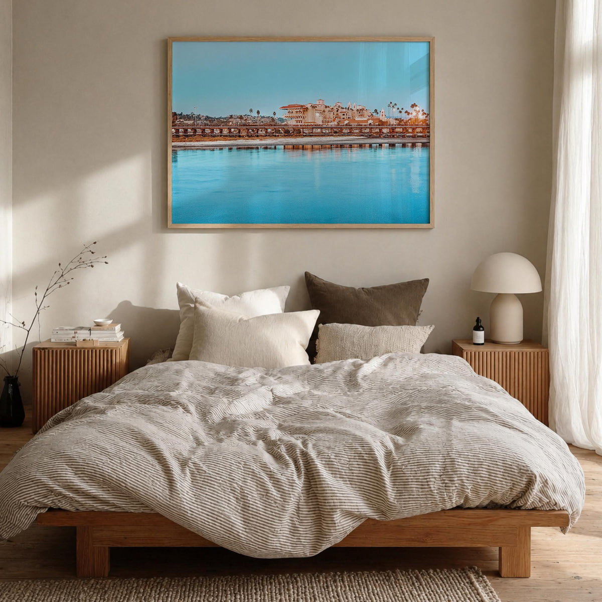 Del Mar colorful photo poster of California, USA – horizontal wall art in natural wood frame, hanging on wall